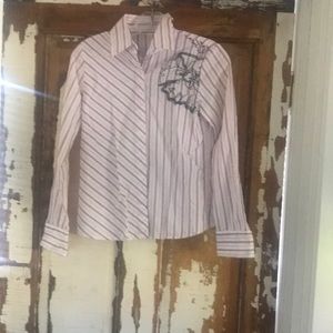 Poleci Striped Button Down Shirt with Embroidered Flower